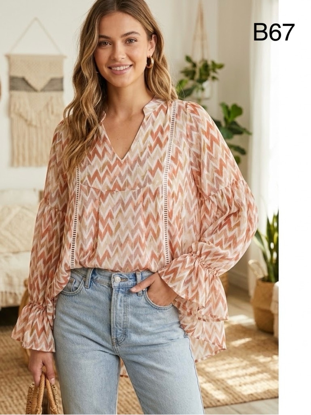 Versona Boho Peach Chevron V-Neck Ruffle Blouse, Size XS